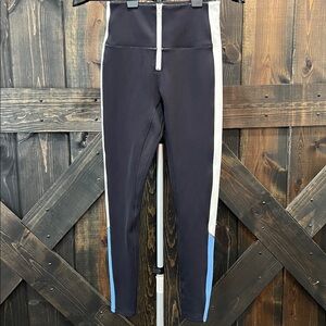 Bandier Solid &‎ Striped Leggings S Zip Front Black Blue White Activewear Gym